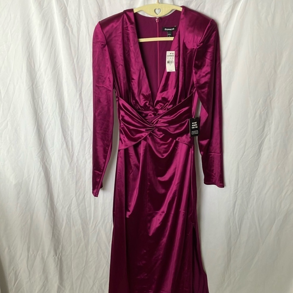 Express: Metallic Purple Plunging neckline- side slit-long sleeve- Dress- S